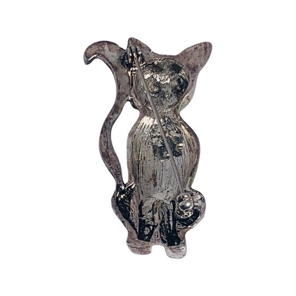 VTG Guilloche Siamese Cat Brooch Pin 2 1/8" Silver Tone Ethnic Multicolor - Picture 6 of 6